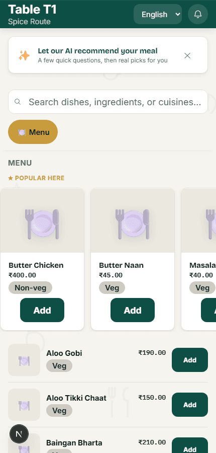 RestroBooth Booth guest menu on a phone, showing the AI recommend banner and real menu items
